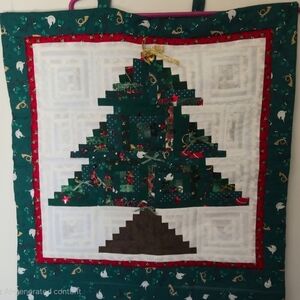 Christmas Tree Quilted Wall Hanging Handmade Decor Log Cabin Style Bells & Bows